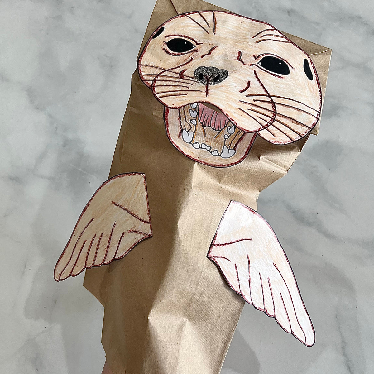 Preschool/Kindergarten FUR SEAL Paper Bag Puppet Craft w/Instructions