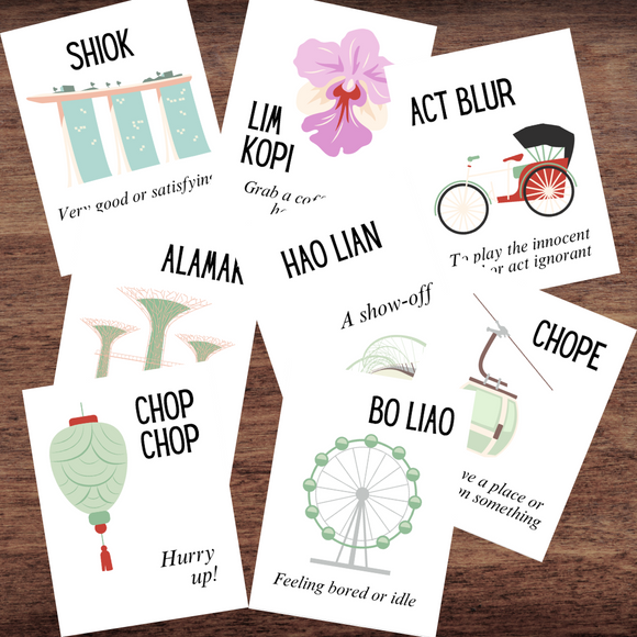 Singlish SINGAPORE Language EIGHT Phrases Phase Flash Cards Illustrated *Full Color*