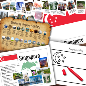 SINGAPORE Asia Country Continent Poster Flag Fun Fact Cards History Timeline