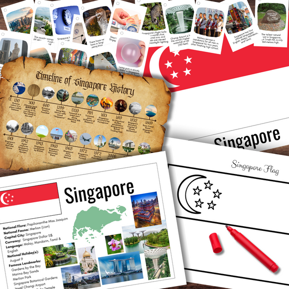 SINGAPORE Asia Country Continent Poster Flag Fun Fact Cards History Timeline