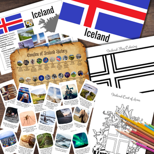 ICELAND Icelandic Fun Fact Cards History Timeline Coat of Arms & Info Poster Europe Study