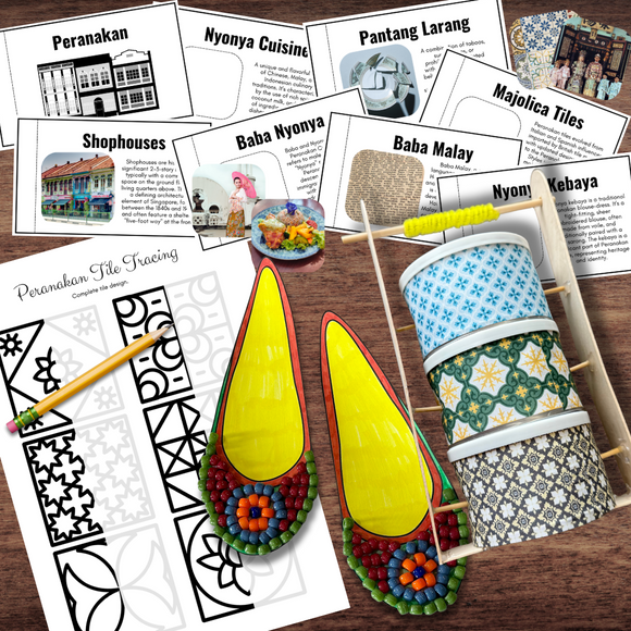 ASIA Peranakan Study Singapore Peoples Flip Book, Tiffin Container,  Kasut Manek & Tile Tracing