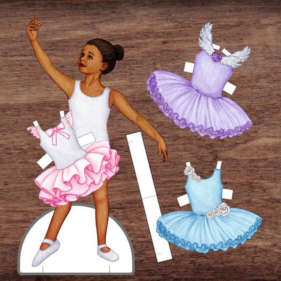 Watercolor Ballerina Dance Paper Doll w/Four Tutu Outfits w/Stand