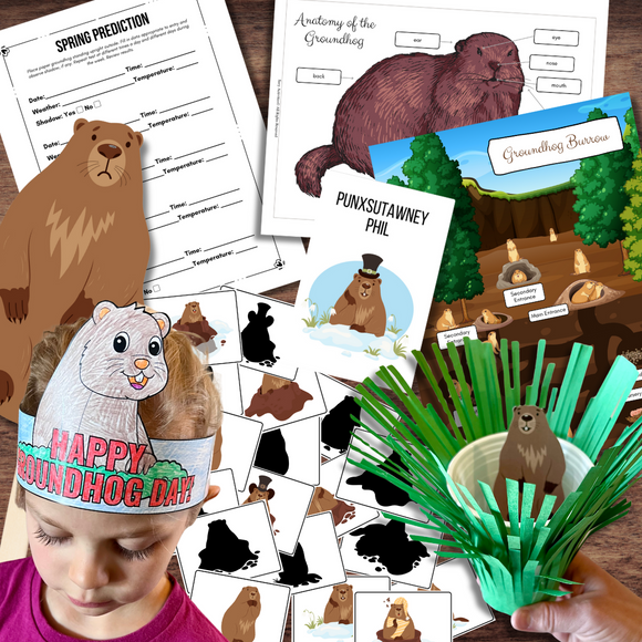 GROUNDHOG DAY Activities - Punxsutawney Phil Story, Hat, Popup Cup Craft, Anatomy, Shadow Experiment & Matching