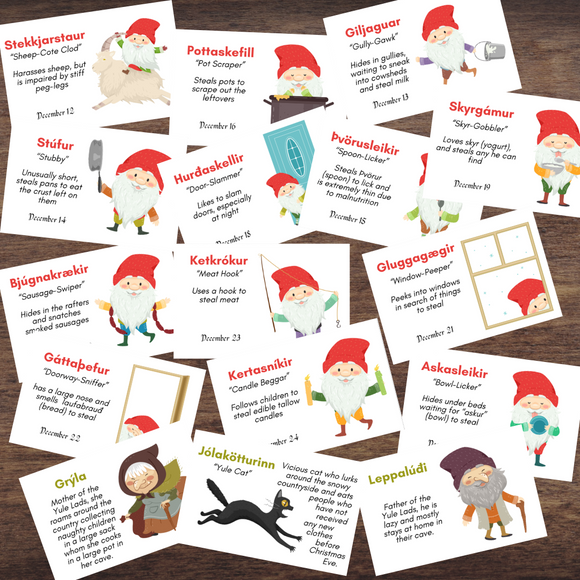 ICELAND Scandinavia YULE Lads, Grýla, Leppalúði & Jólakötturinn Illustrated Flash Cards