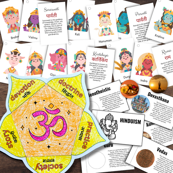 HINDU Religion Study - Flipbook, Deity Info Cards, Themes Craft, Calendar