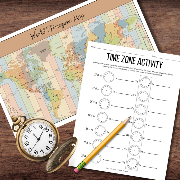 *FREEBIE* World TIME ZONE Map *Detailed* w/Time Conversion Worksheet - Hand's on Activity!