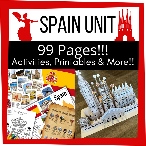 SPAIN Europe Unit Study Cultural Studies Educational Bundle - 99 Pages Themed Activities