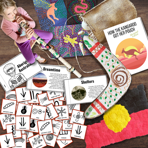 AUSTRALIA Aboriginal People Study Bundle Boomerang, Dilly Bag Dot Art Didgeridoo